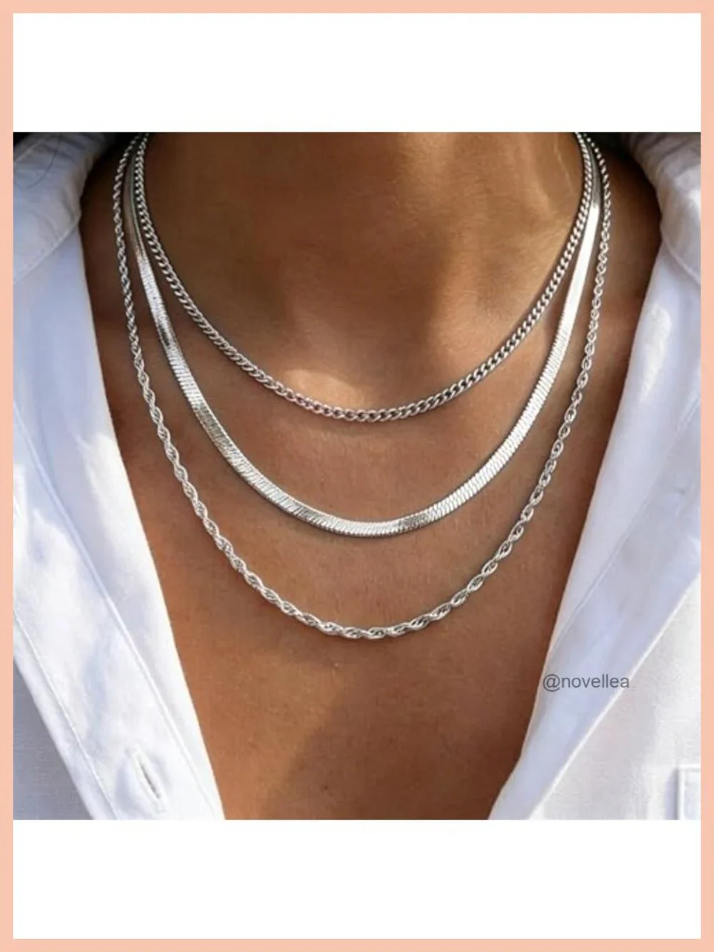 3 Piece Layered Necklace Set, 925 Sterling Silver Plated Brass Herringbone Rope